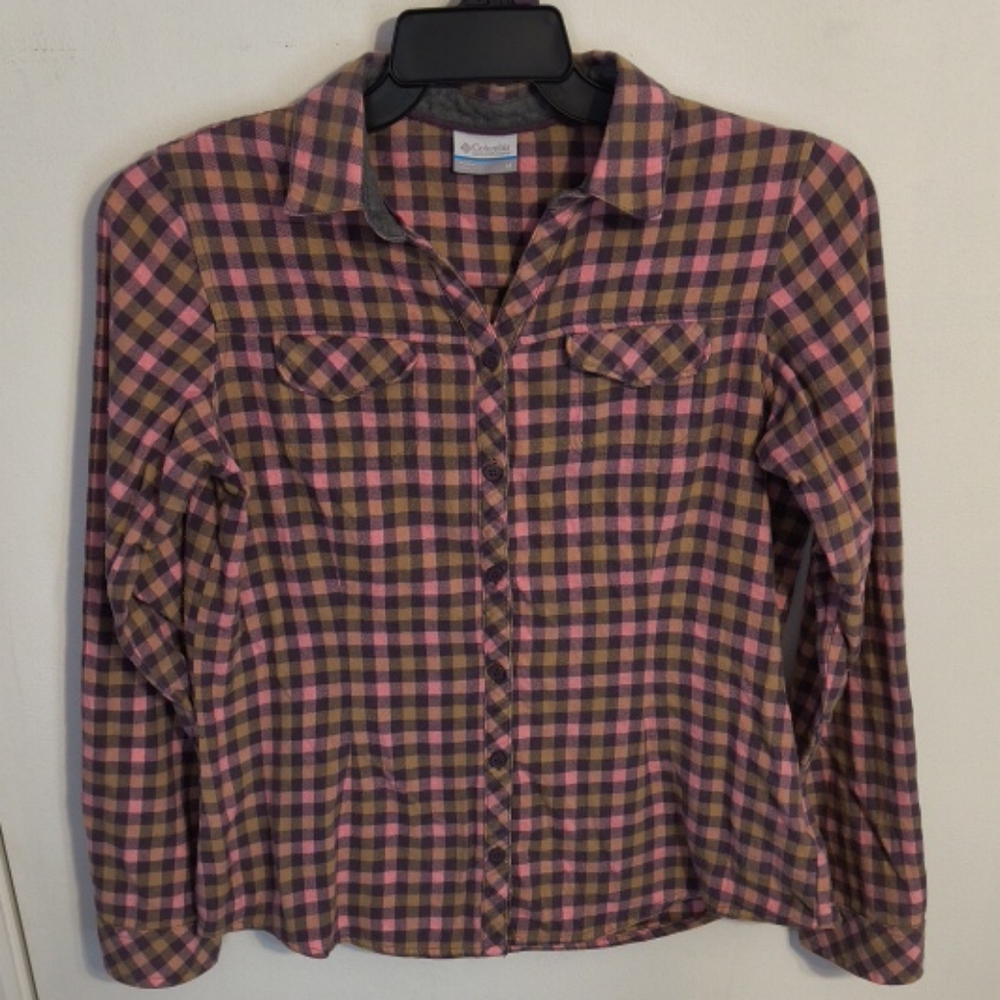 Columbia Button Up Long Sleeve Women's Medium Pink and Brown Checkered Outdoors
